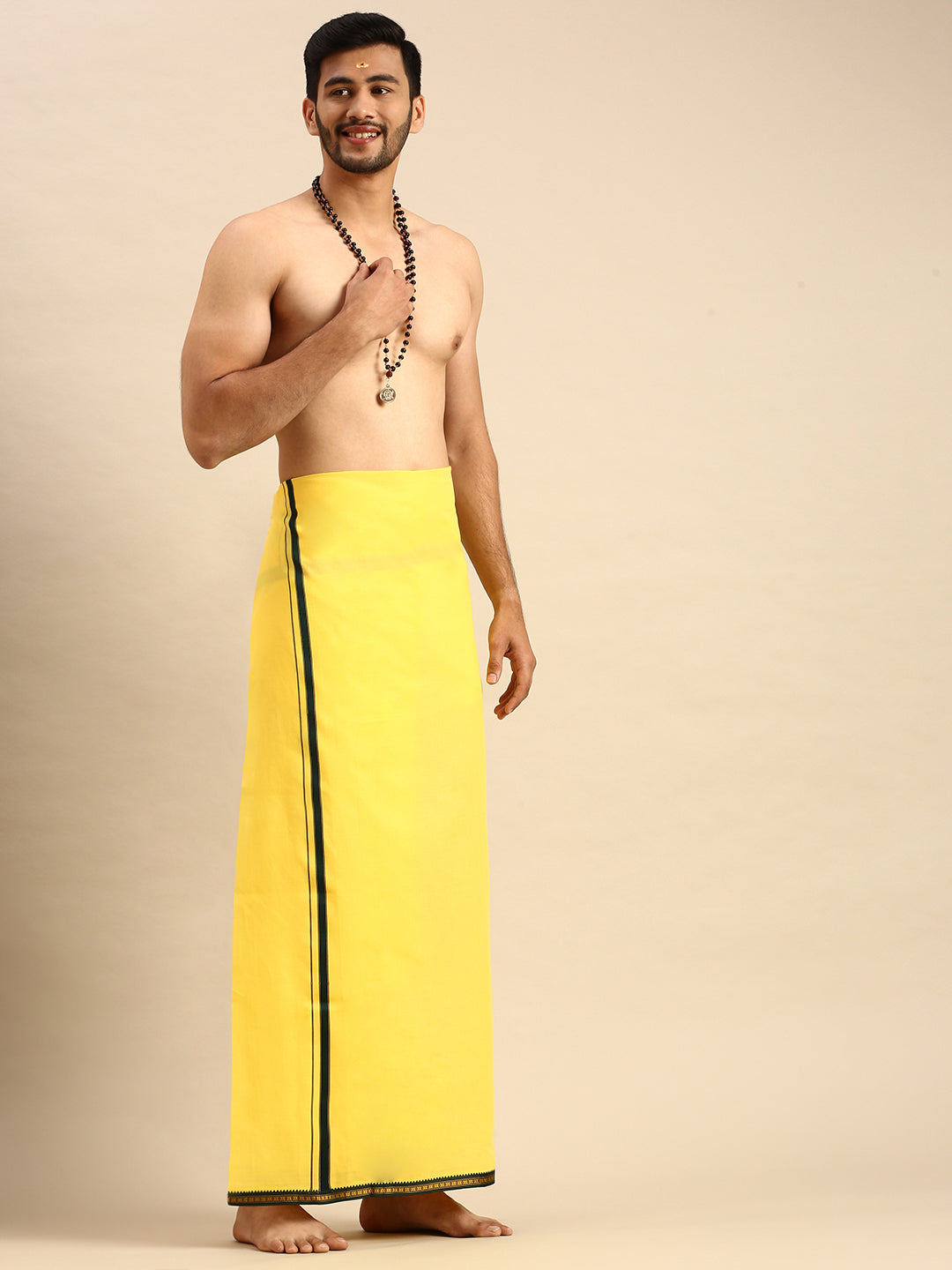 Mens Color Dhoti with Big Border Mercury Yellow-Side alternative view