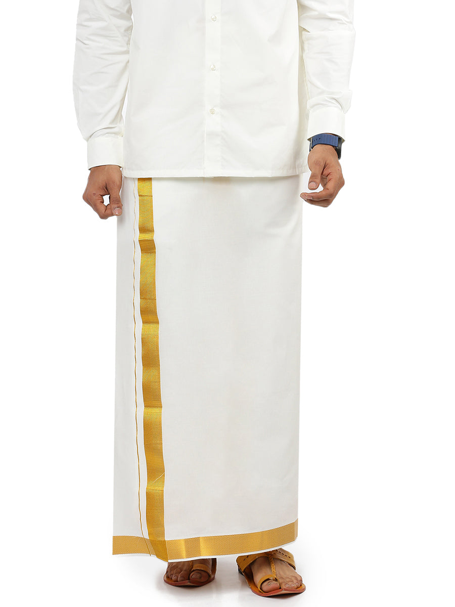 Mens Single Dhoti Cream With Gold Jari 1 1/2" Career (2 PCs Combo)-Front view