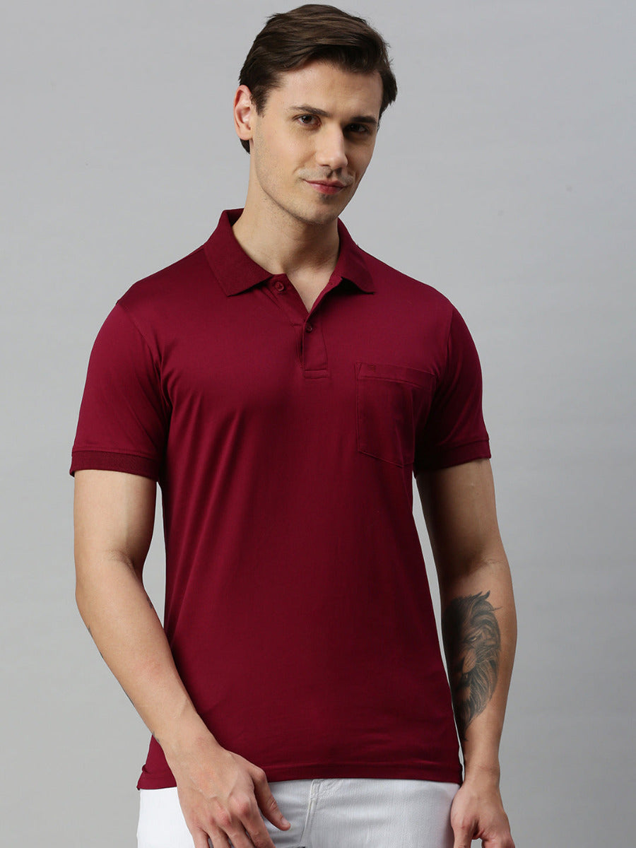 Mercerised Polo Flat Collar T-Shirt Maroon with Chest Pocket MP5