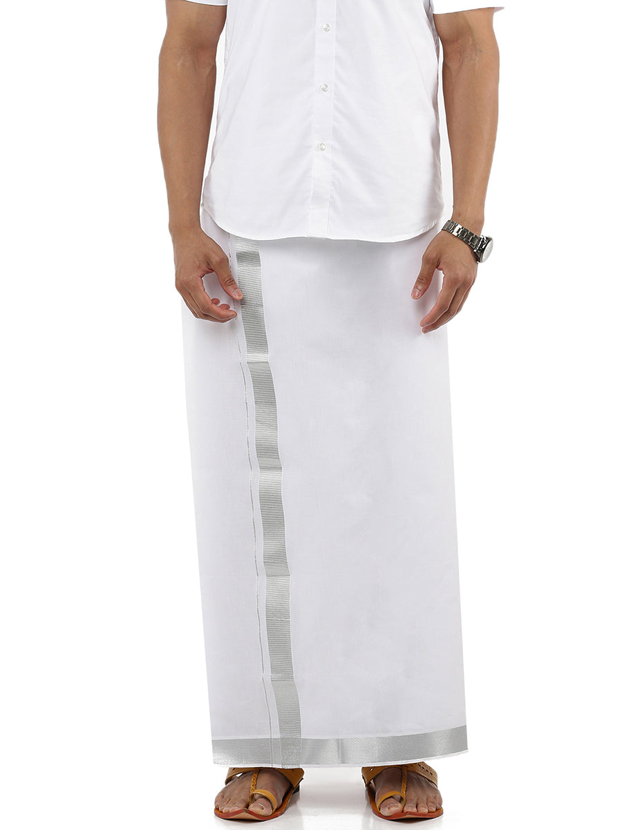 Mens Double Dhoti White with Silver Jari 1 1/2" Silver Bright