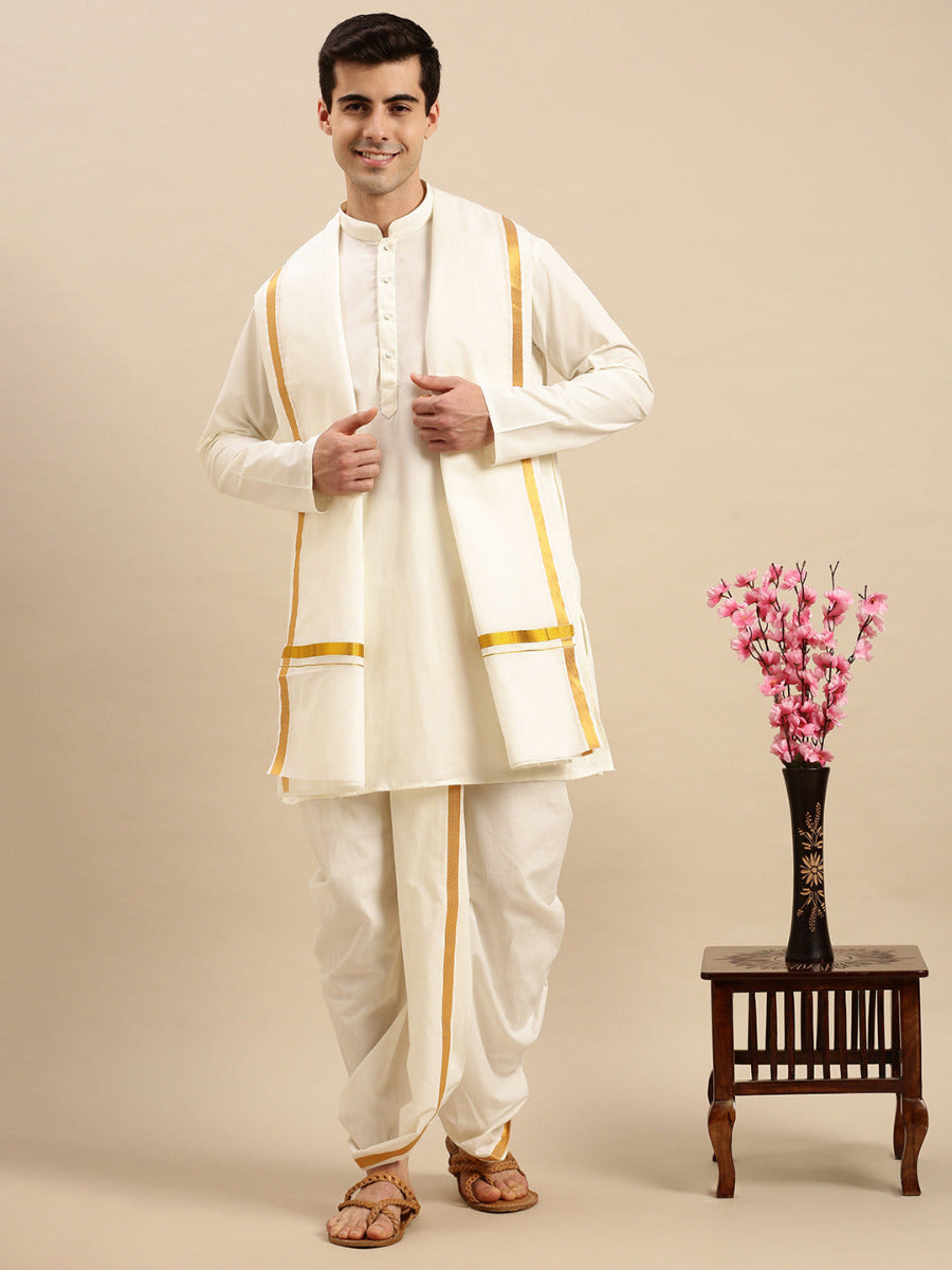 Premium Wedding Cream Readymade Panchakacham,Kurta & Towel Set RP Jari