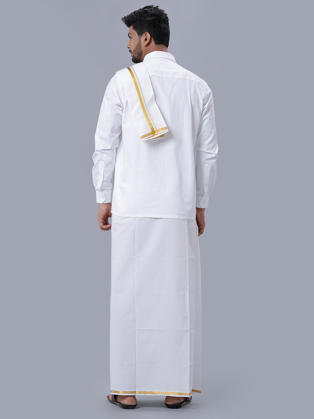 Mens Pure Cotton White Full Sleeves Shirt, Single Dhoti, Towel & Belt Combo-Back view