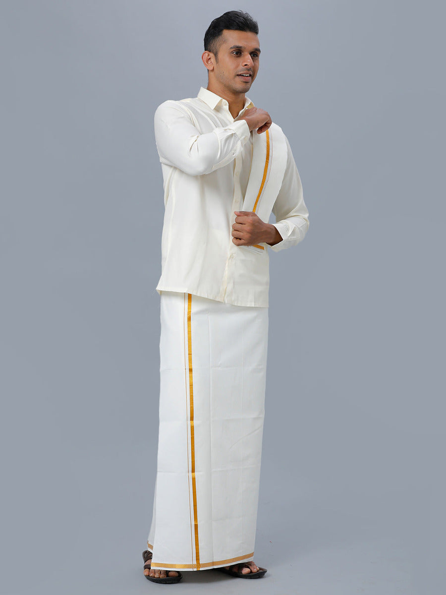 Mens Cream Full Sleeves Shirt 1/2" Gold Jari Double Dhoti+Towel+Belt Combo-Side view