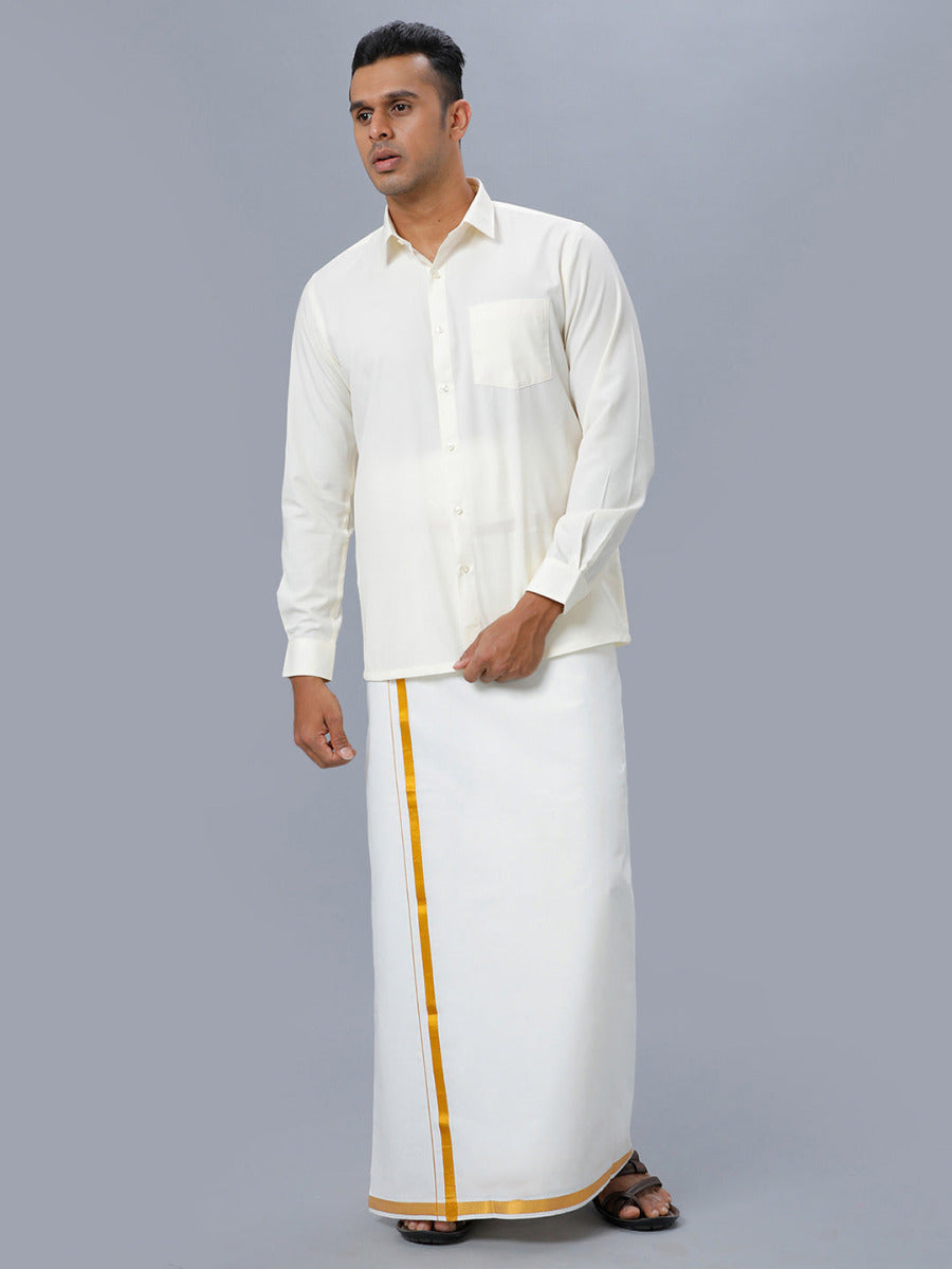 Mens Cotton Gold Jari 1/2" Single Dhoti with Full Sleeves Cream Shirt Comb-Front view