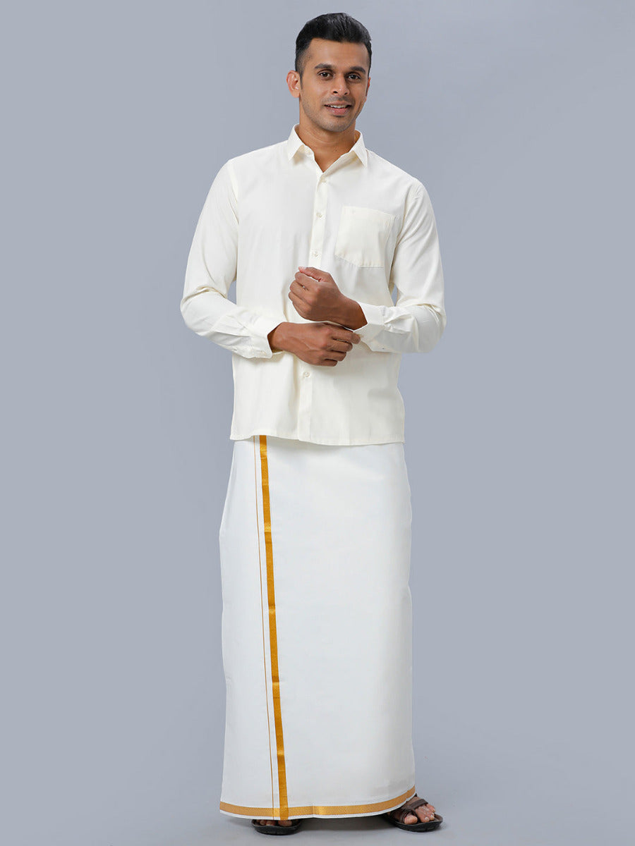 Mens Gold Jari 1/2" Single Dhoti with Full Sleeves Cream Shirt Combo