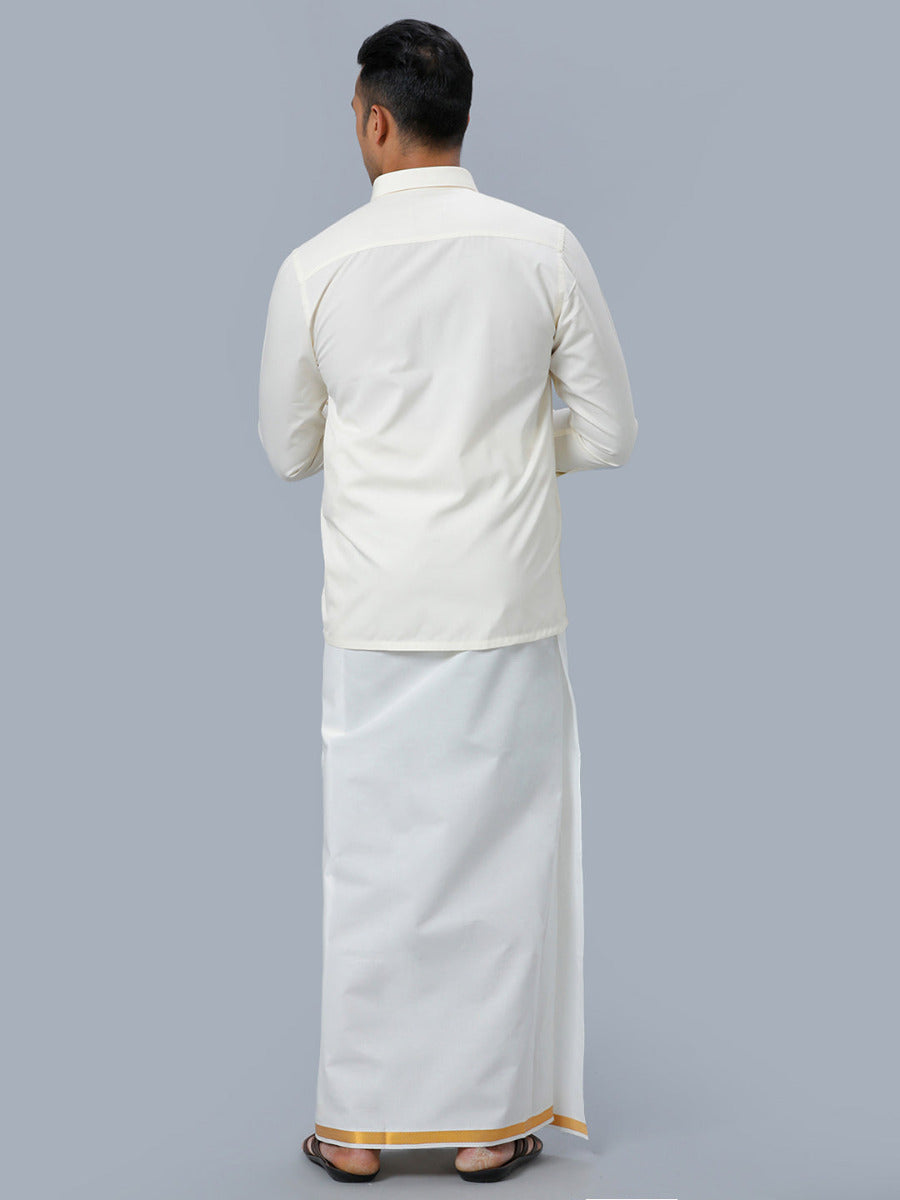 Mens Cotton Full Sleeves Cream Shirt with Gold Jari 3/4" Double Dhoti Combo-Back view