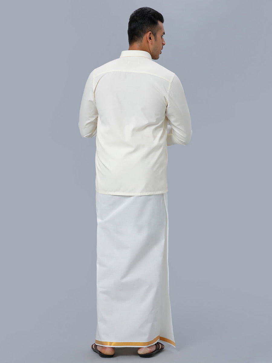 Mens Cotton Gold Jari 3/4" Double Dhoti with Full Sleeves Cream Shirt Combo-Back view
