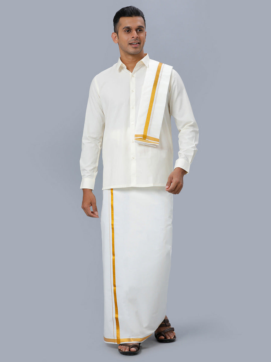 Mens Cream Full Sleeves Shirt 1/2" Gold Jari Double Dhoti+Towel Combo