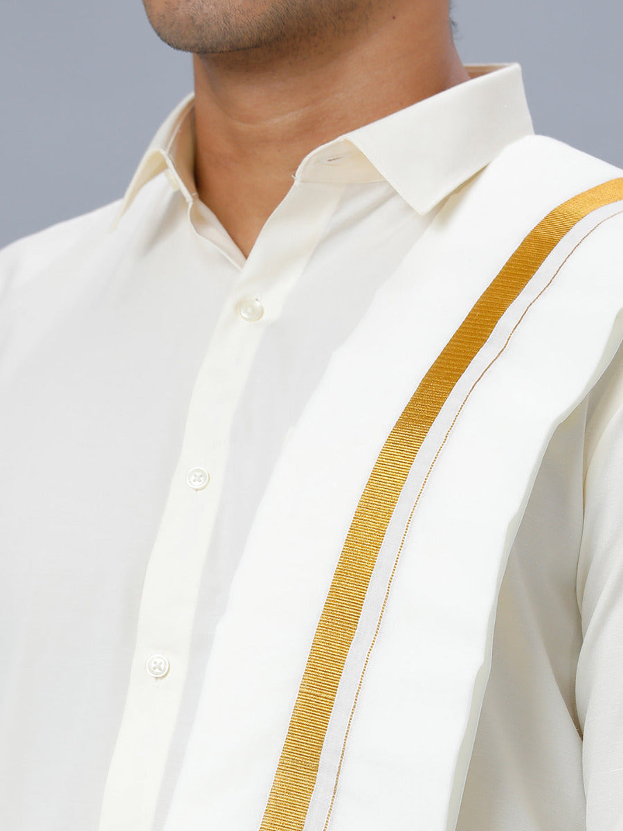 Mens Full Sleeves Cream Shirt with Gold Jari 3/4" Double Dhoti,Towel Combo-Zoom view