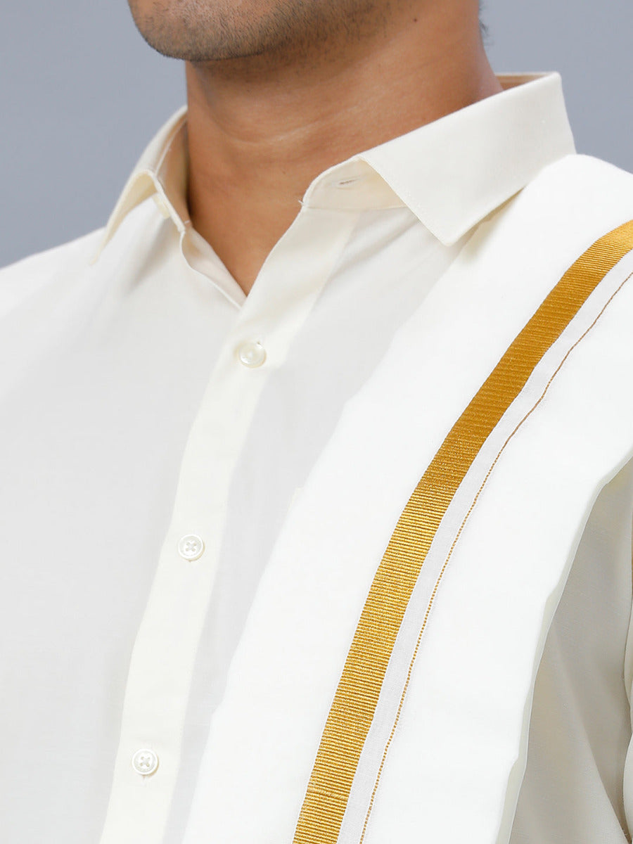 Mens Cream Full Sleeves Shirt 1/2" Gold Jari Double Dhoti+Towel Combo-Zoom view