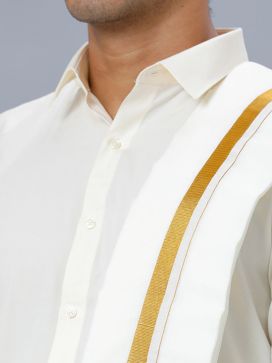 Mens Cream Full Sleeves Shirt 3/4" Gold Jari Double Dhoti+Towel+Belt Combo-Zoom view