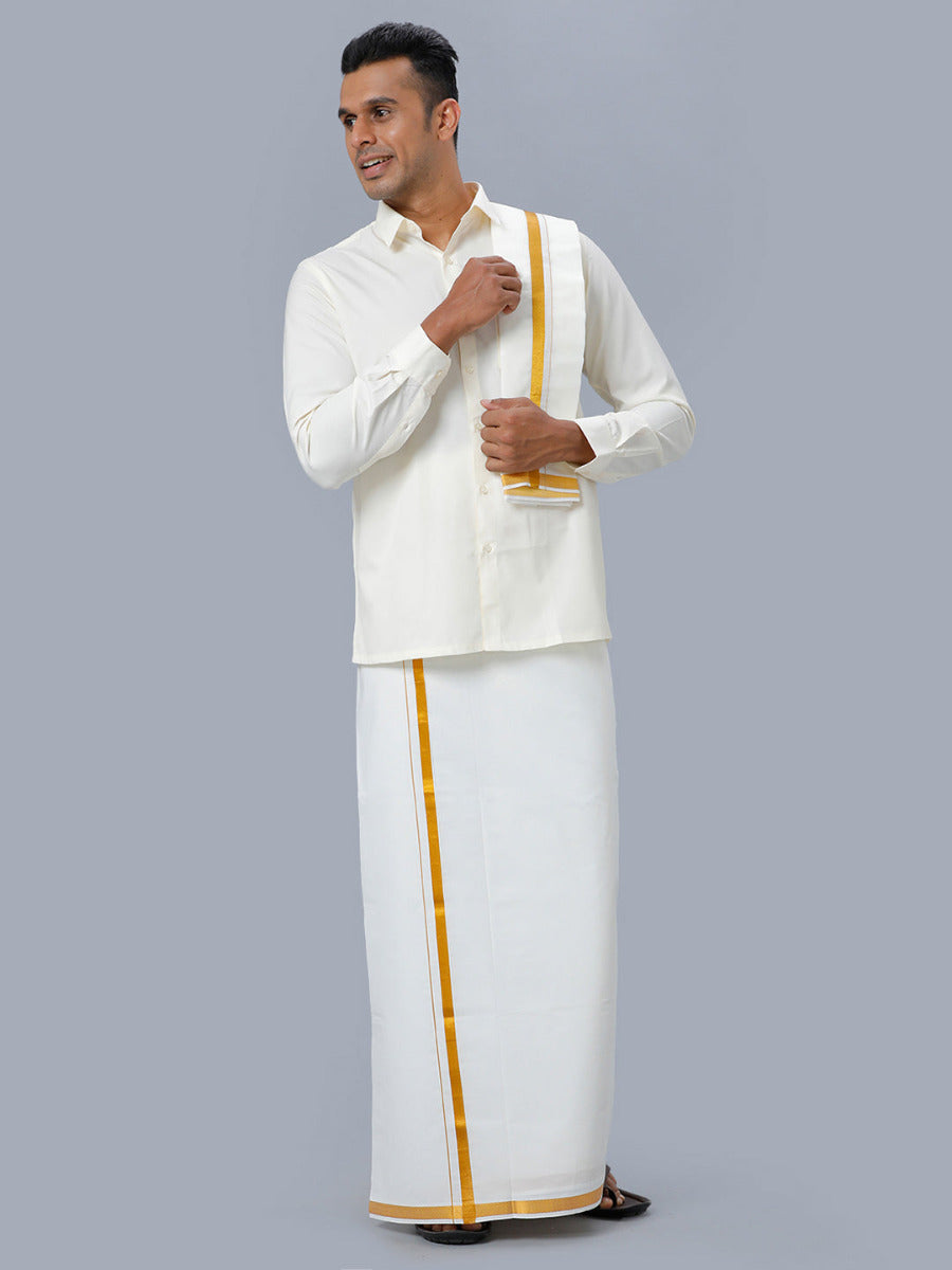 Mens Cream Full Sleeves Shirt 1/2" Gold Jari Single Dhoti+Towel+Belt Combo-Front view
