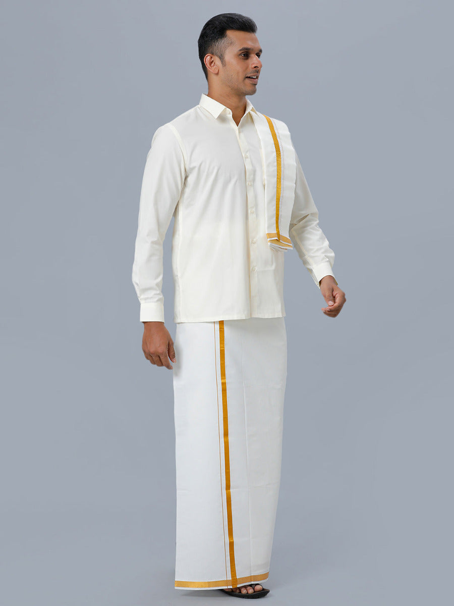 Mens Cream Full Sleeves Shirt 3/4" Gold Jari Double Dhoti+Towel Combo-Front view