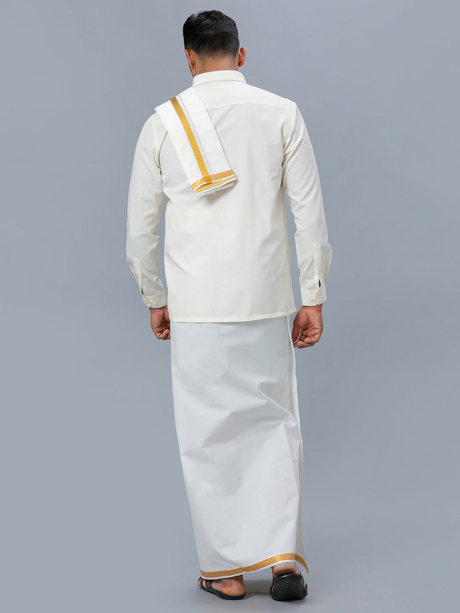Mens Cream Full Sleeves Shirt 3/4" Gold Jari Double Dhoti+Towel+Belt Combo-Back view