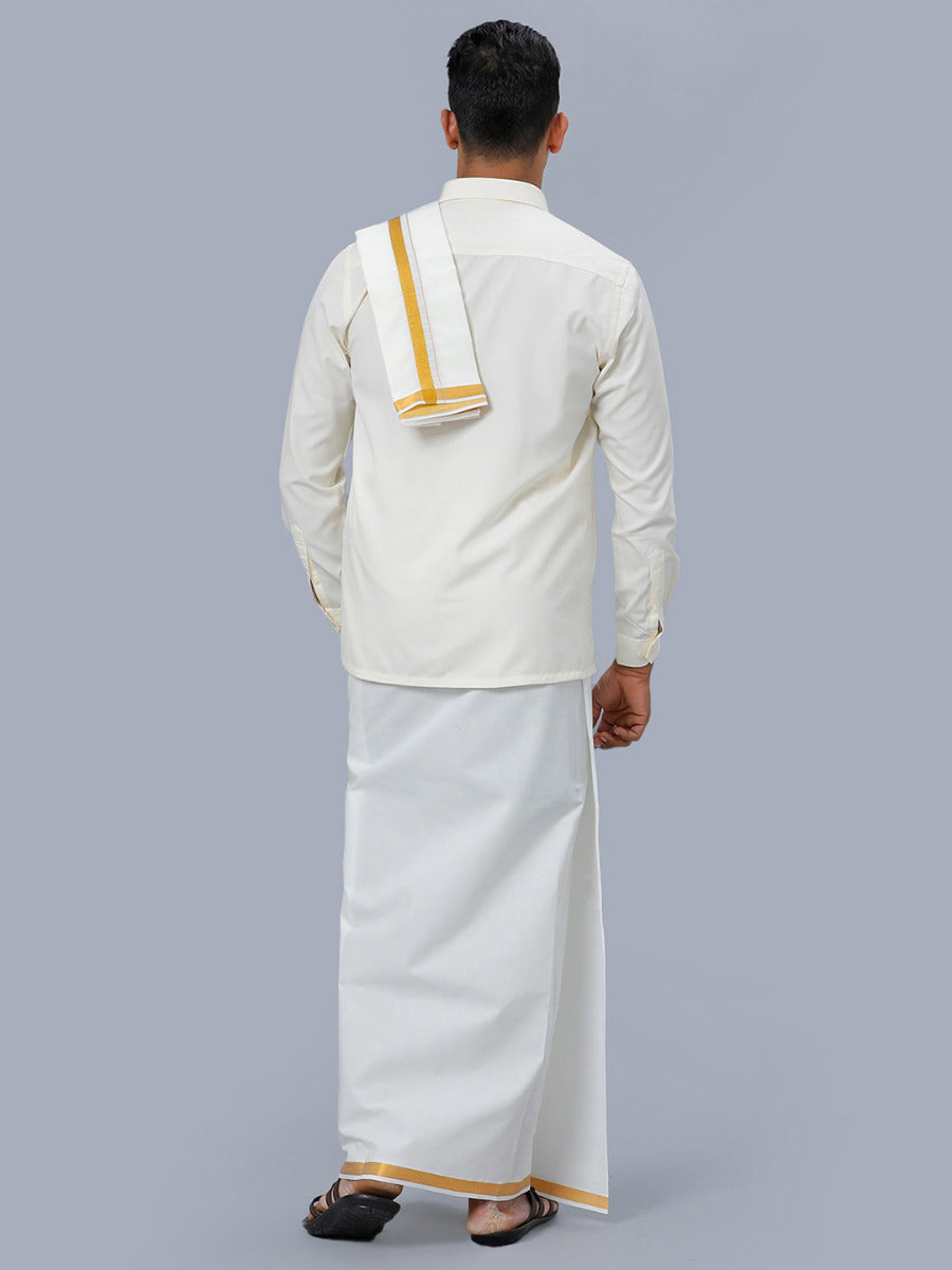 Mens Cream Full Sleeves Shirt 1/2" Gold Jari Single Dhoti+Towel+Belt Combo-Back view
