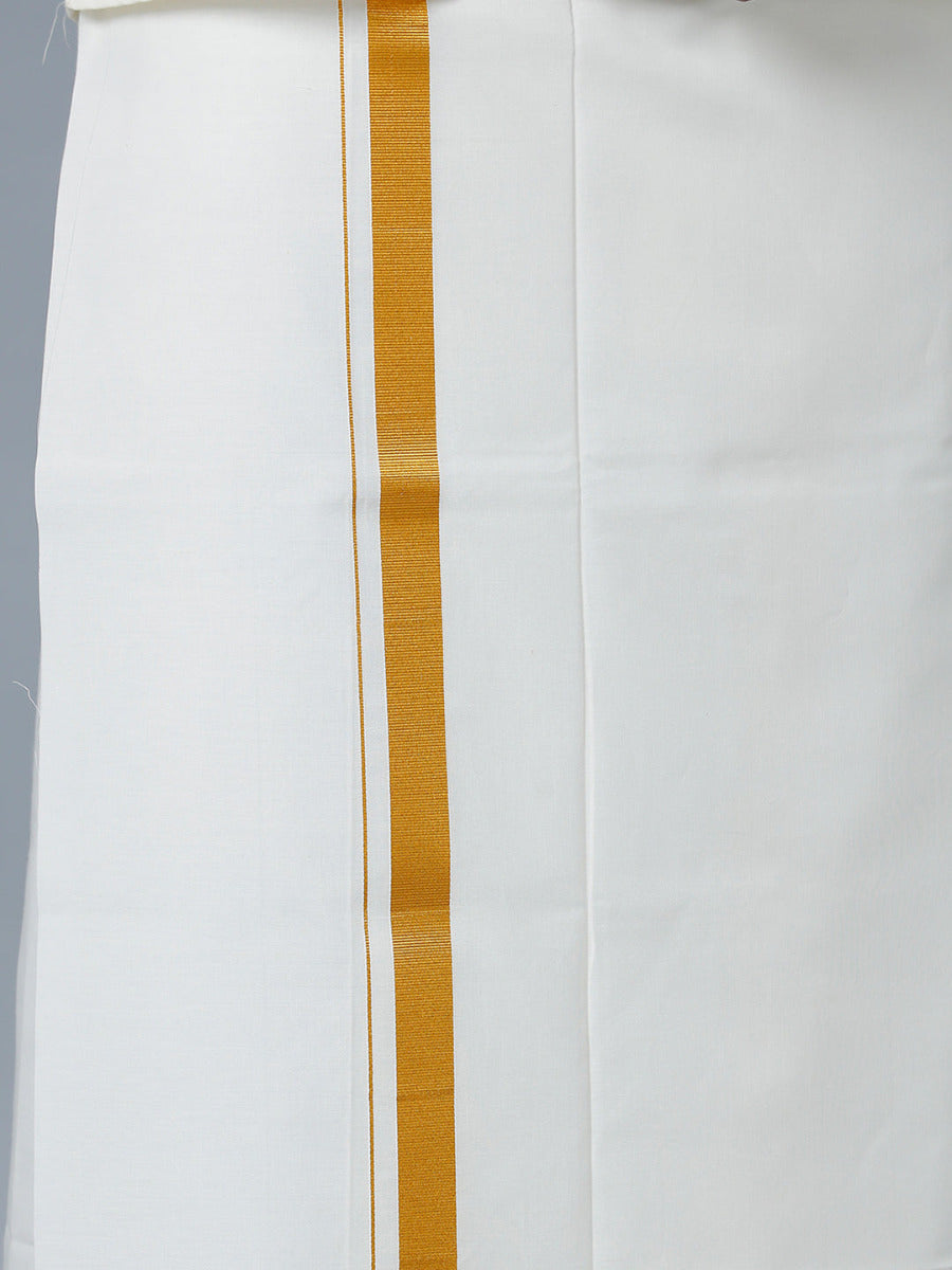 Mens Cream Cotton Full Sleeves Shirt with Gold Jari 1" Double Dhoti Combo-Bottom view