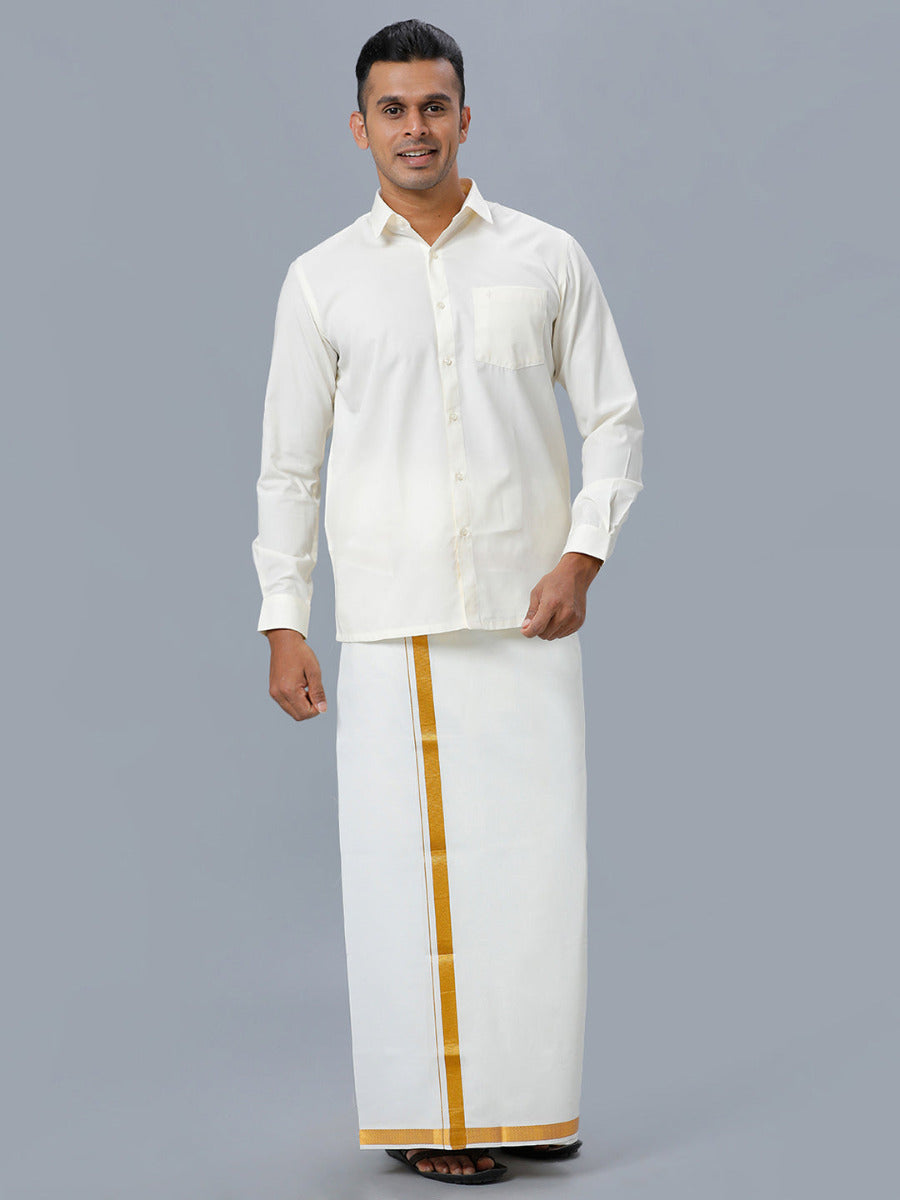 Mens Full Sleeves Cream Shirt with Gold Jari 1" Single Dhoti Combo