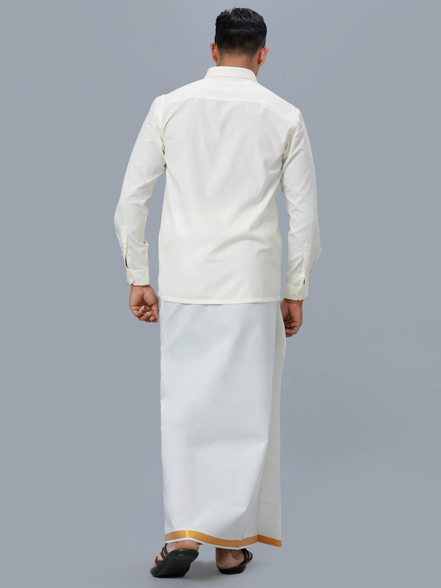 Mens Cream Cotton Full Sleeves Shirt with Gold Jari 1" Double Dhoti Combo-Back view