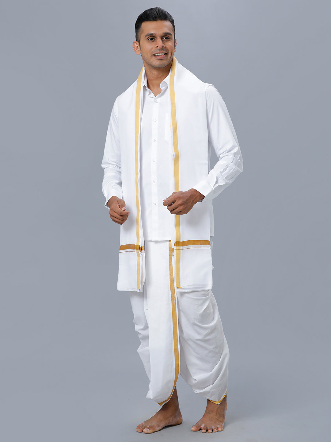 Mens White Shirt with Readymade Panchakacham Angavastram Set 3/4" Prakaspathi