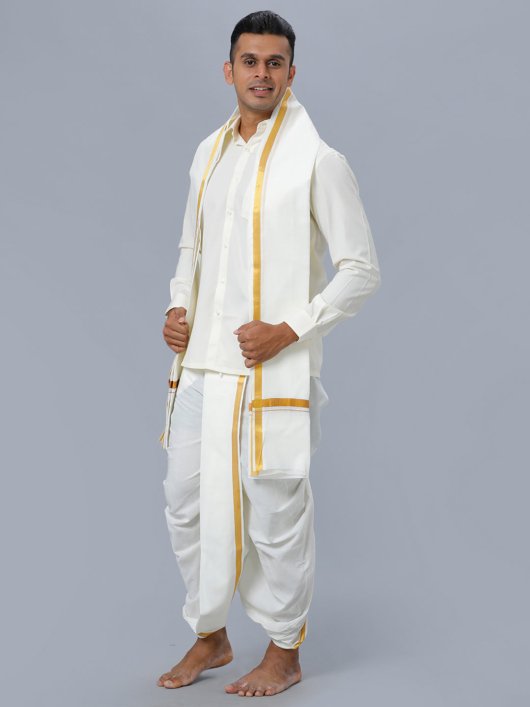 Mens Cream Shirt with Readymade Panchakacham Angavastram Set 3/4" Prakaspathi-Side view