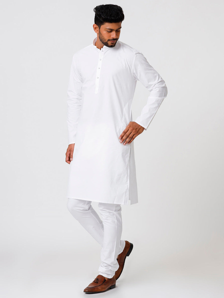 Mens Premium Cotton Long Full Sleeves Kurta and Pyjama Set White-Full view