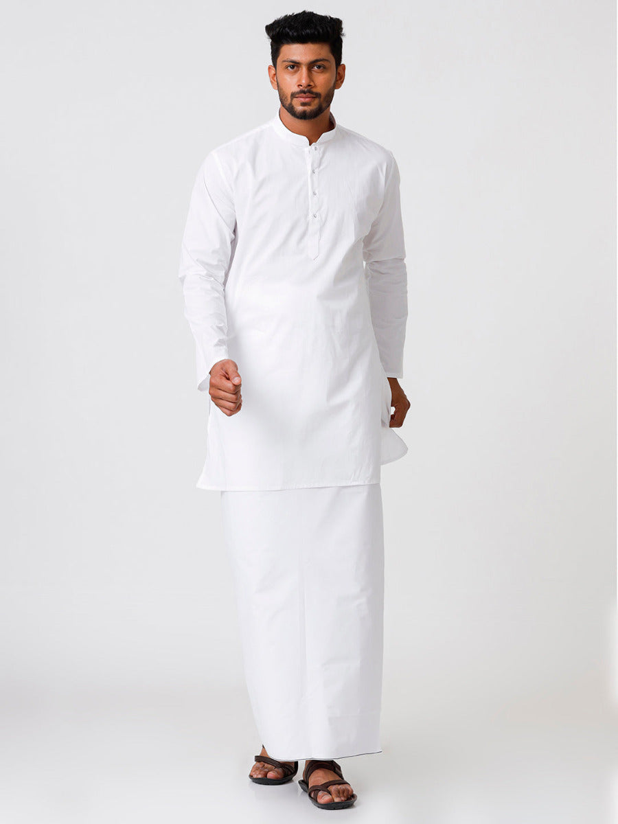 Mens Cotton Full Sleeve White Medium Kurta with Prayer Dhoti Combo Alharam-Front view