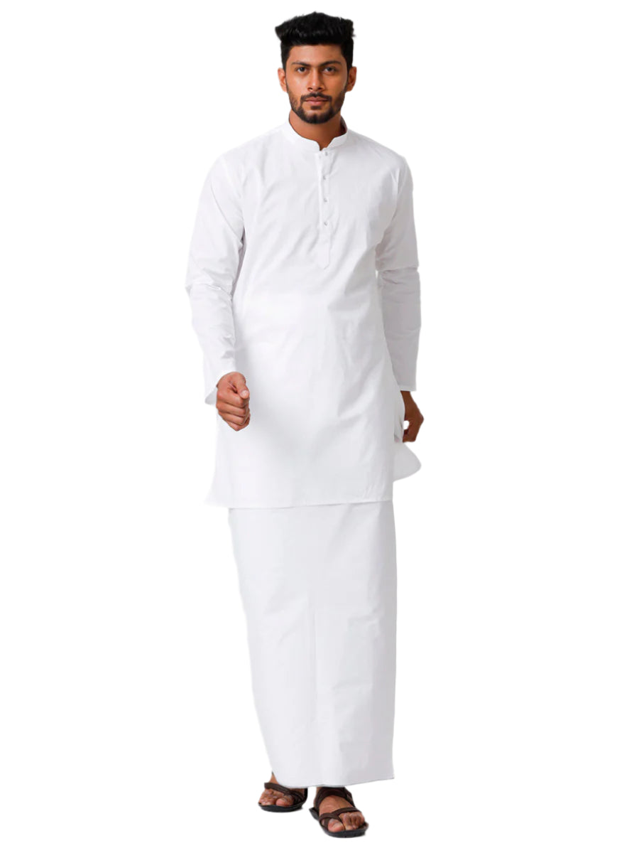 Mens Cotton Full Sleeve White Medium Length Kurta with Prayer Dhoti Combo