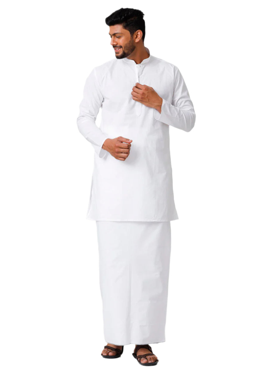 Mens Cotton Full Sleeve White Medium Kurta with Prayer Dhoti Combo Alharam