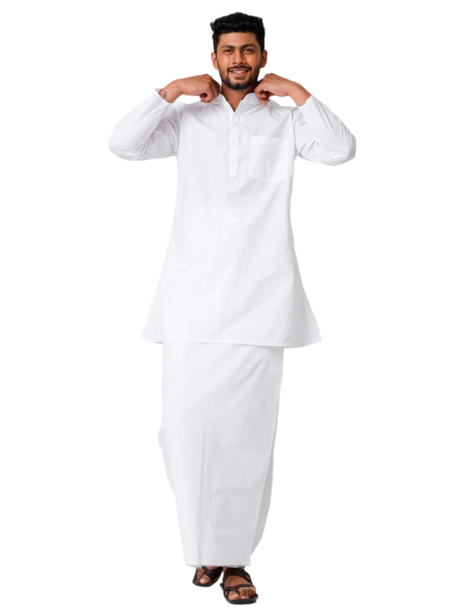 Mens Cotton Full Sleeve White Medium Kurta Top with Prayer Dhoti Comb-Front vieww