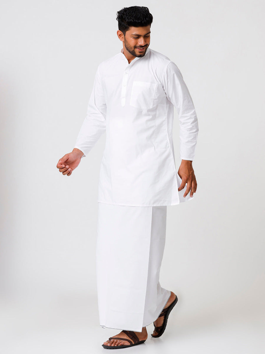 Mens Cotton Full Sleeve White Medium Kurta Top with Prayer Dhoti Comb-Side view