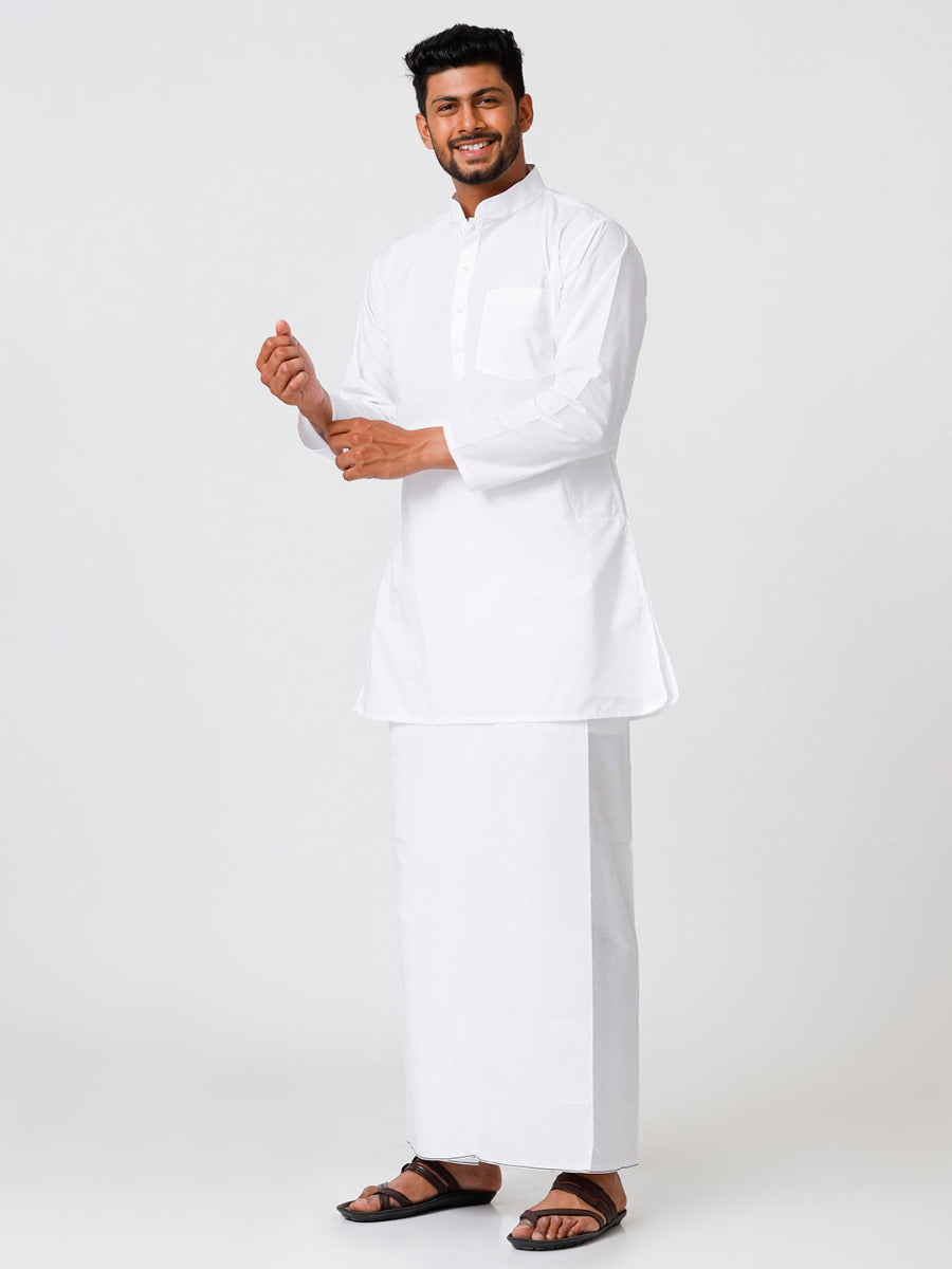 Mens Cotton Full Sleeve White Medium Kurta Top with Prayer Dhoti Comb