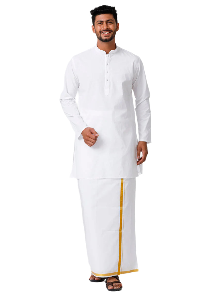 Mens Cotton Full Sleeve White Medium Kurta with 3/4" Gold Jari Dhoti Combo