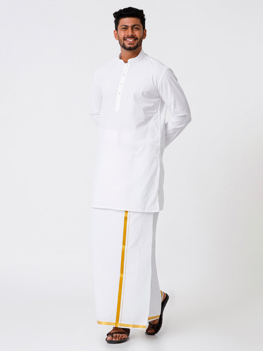 Mens Cotton Full Sleeve White Medium Kurta with 3/4" Gold Jari Dhoti Combo-Front view