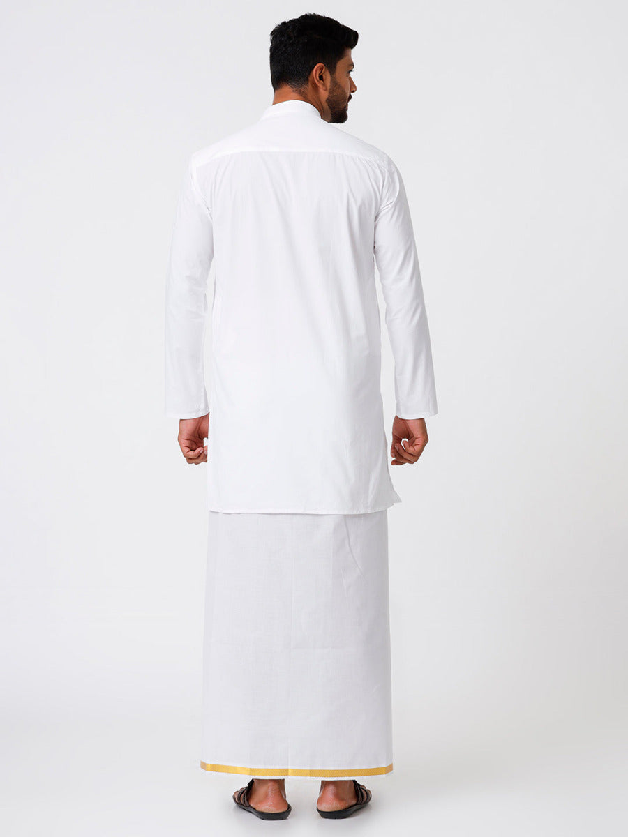 Mens Cotton Full Sleeve White Medium Kurta with 3/4" Gold Jari Dhoti Combo-Back view