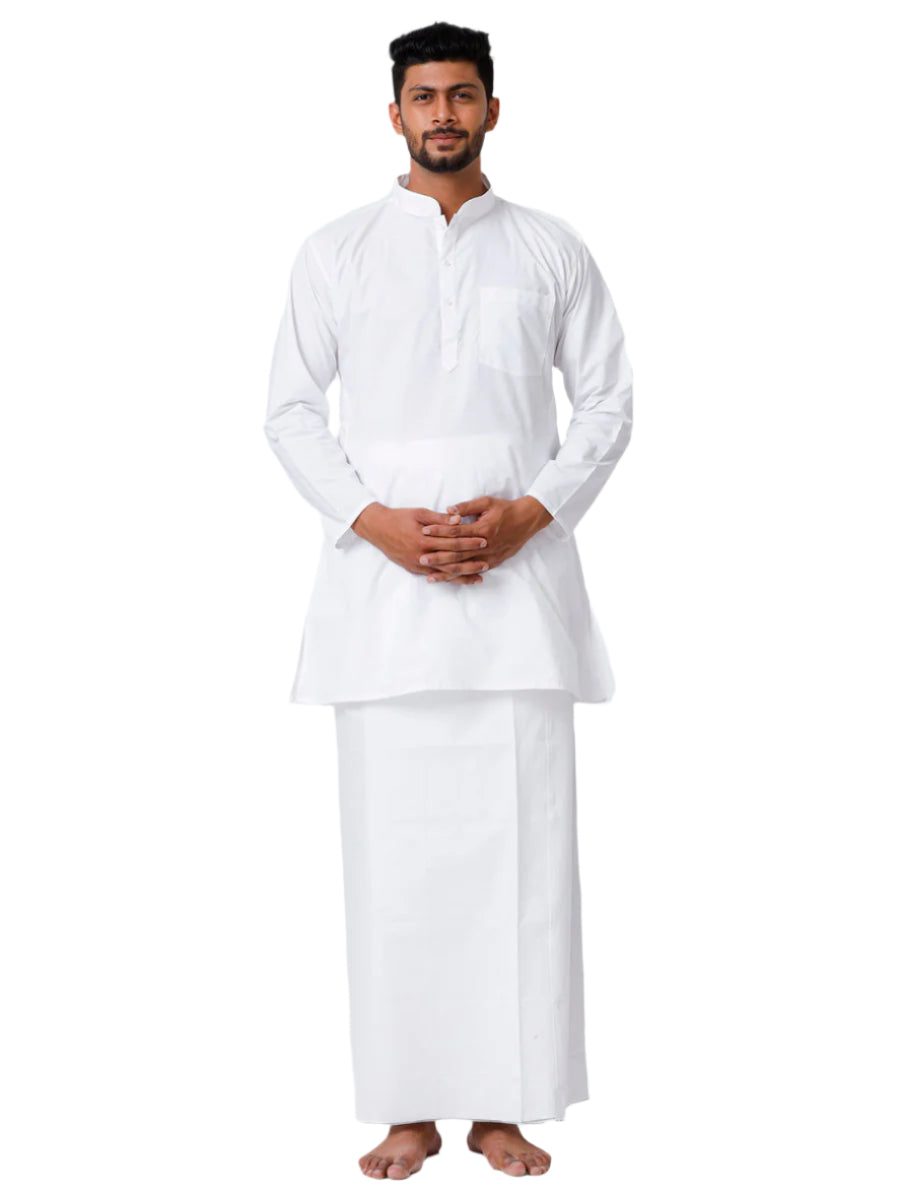 Mens Cotton Full Sleeve White Medium Kurta Top with Stitched Prayer Dhoti Combo