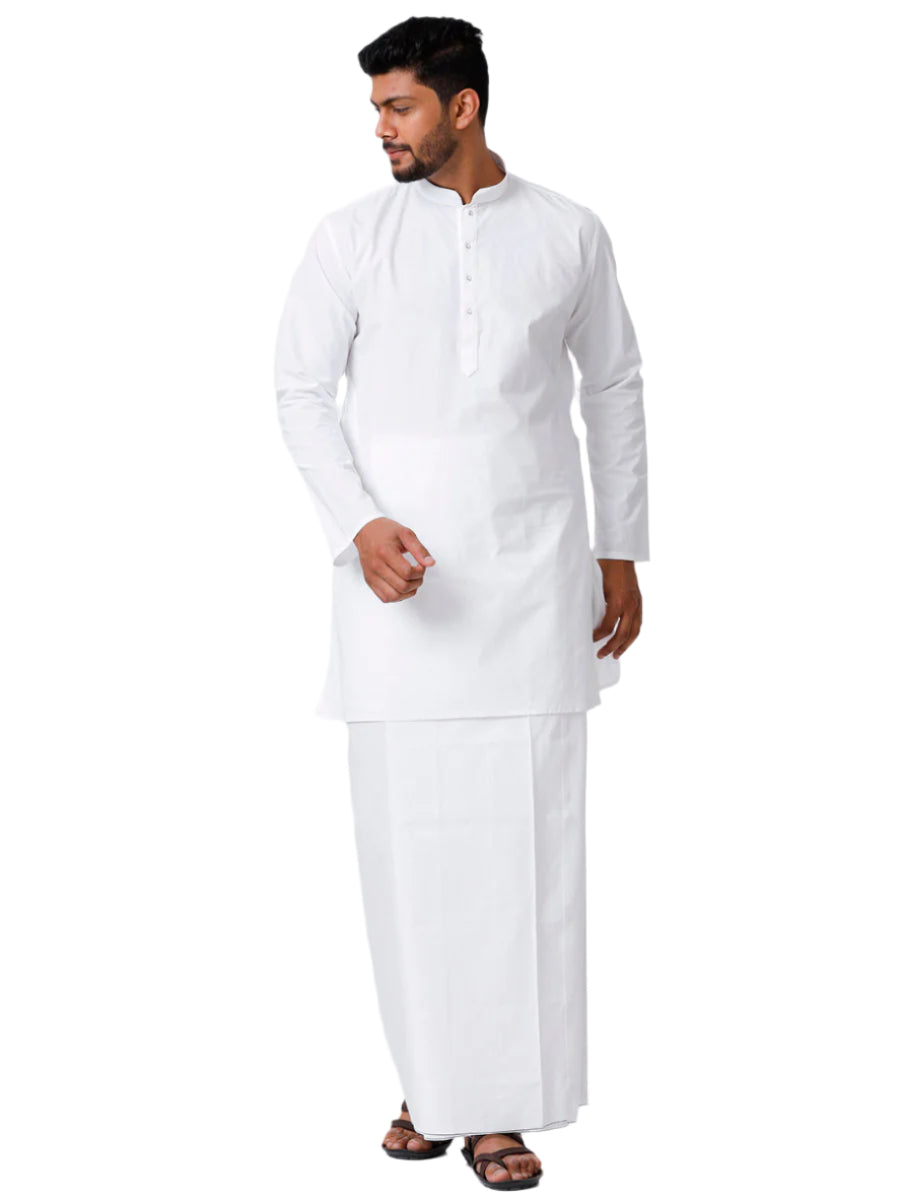 Mens Cotton Full Sleeve White Medium Kurta with Stitched Prayer Dhoti Combo Samraj