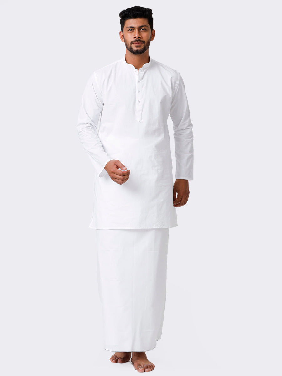 Mens Cotton Full Sleeve White Medium Kurta with Prayer Dhoti Combo Quba