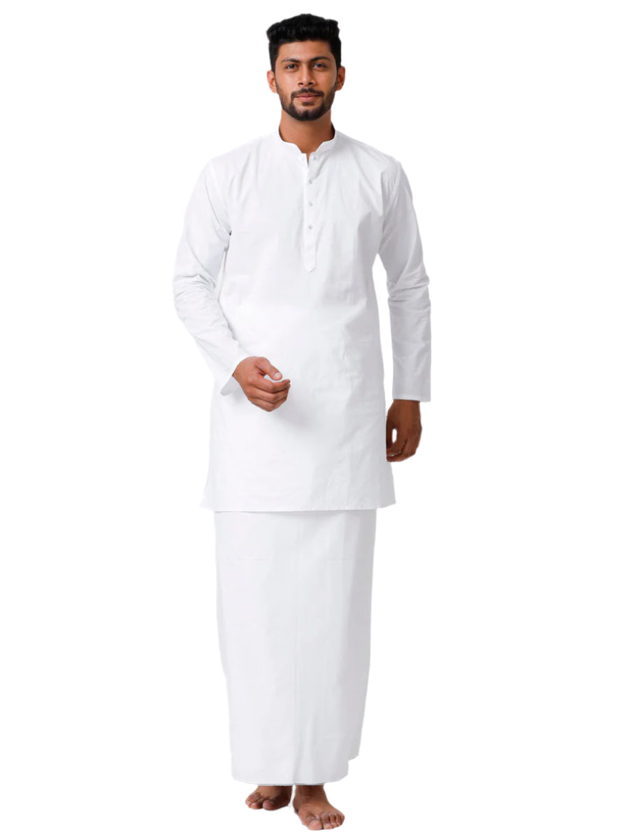 Mens Cotton Full Sleeve White Medium Kurta with Prayer Dhoti Combo Quba