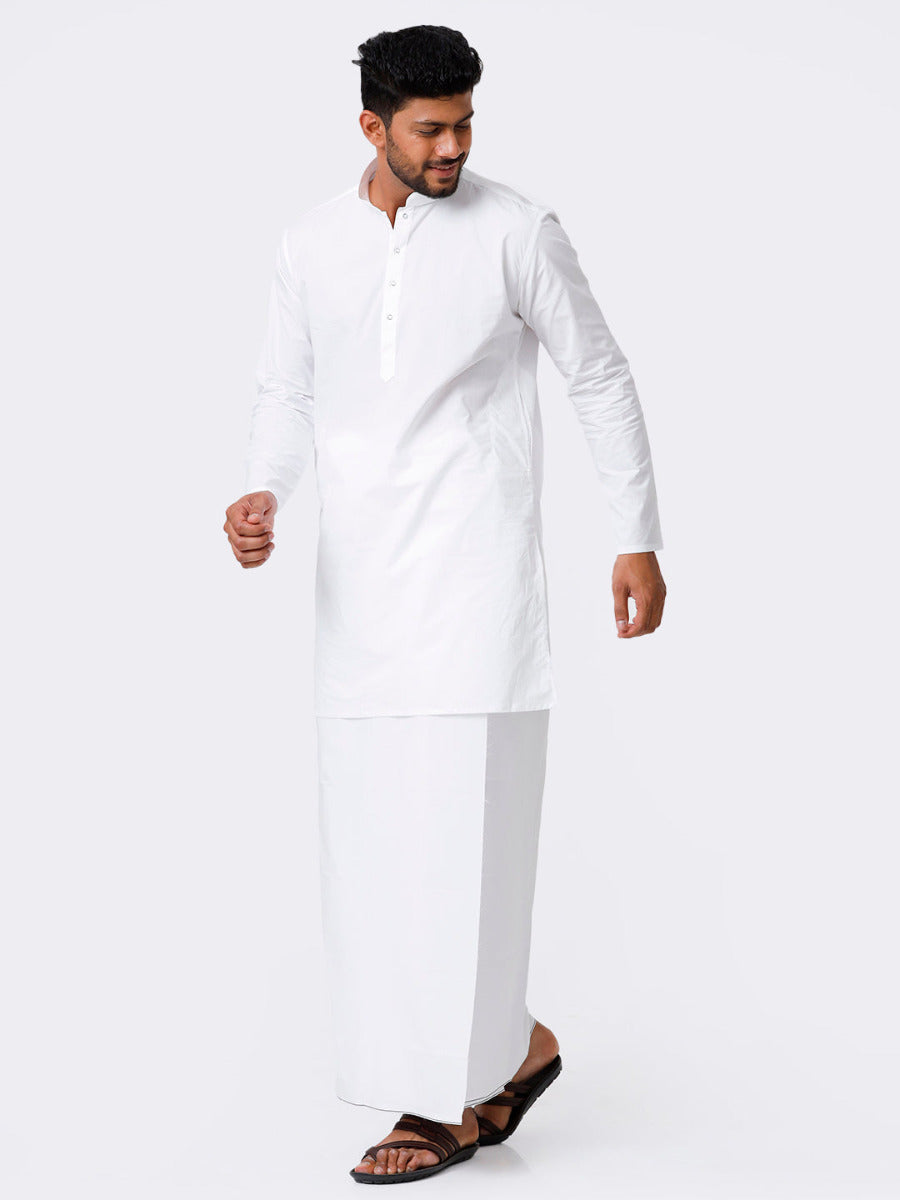 Mens Cotton Full Sleeve White Medium Kurta with Prayer Dhoti Combo Alameen