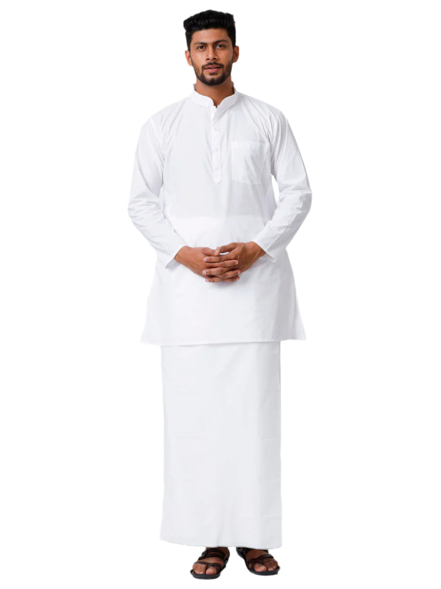 Mens Cotton Full Sleeve White Kurta Top with Prayer Dhoti Combo Alharam