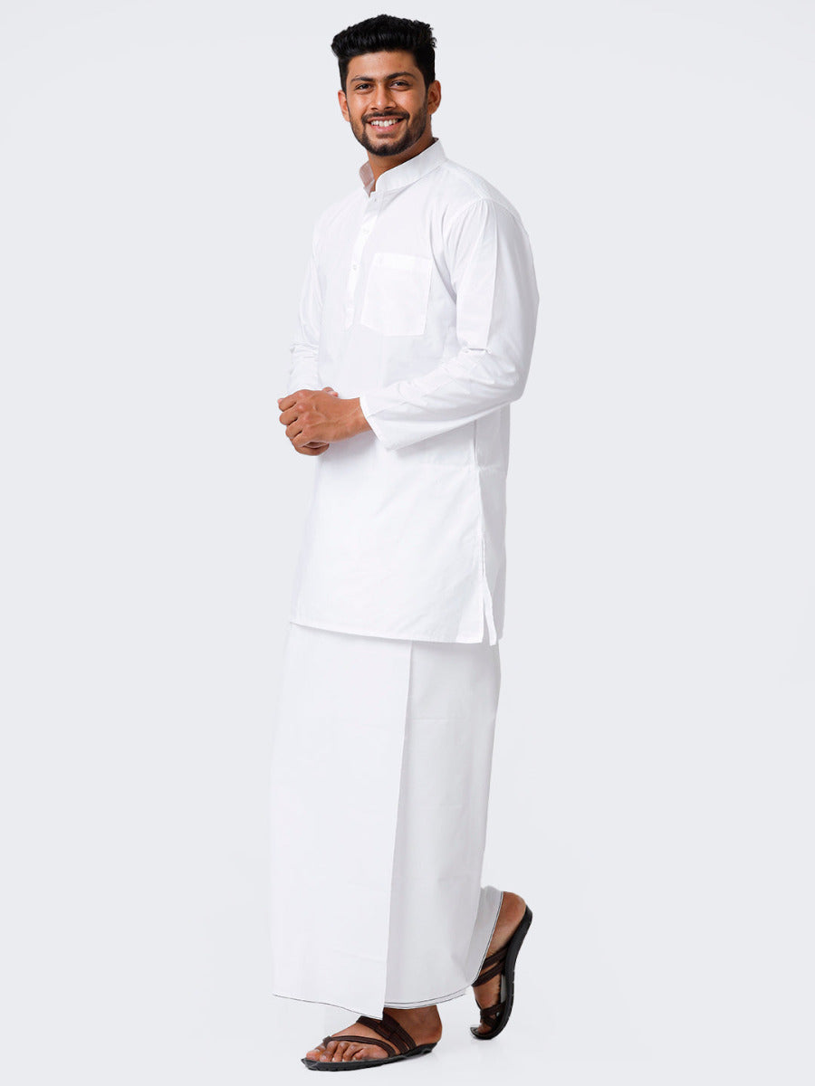 Mens Cotton Full Sleeve White Kurta Top with Prayer Dhoti Combo Alharam-Side view
