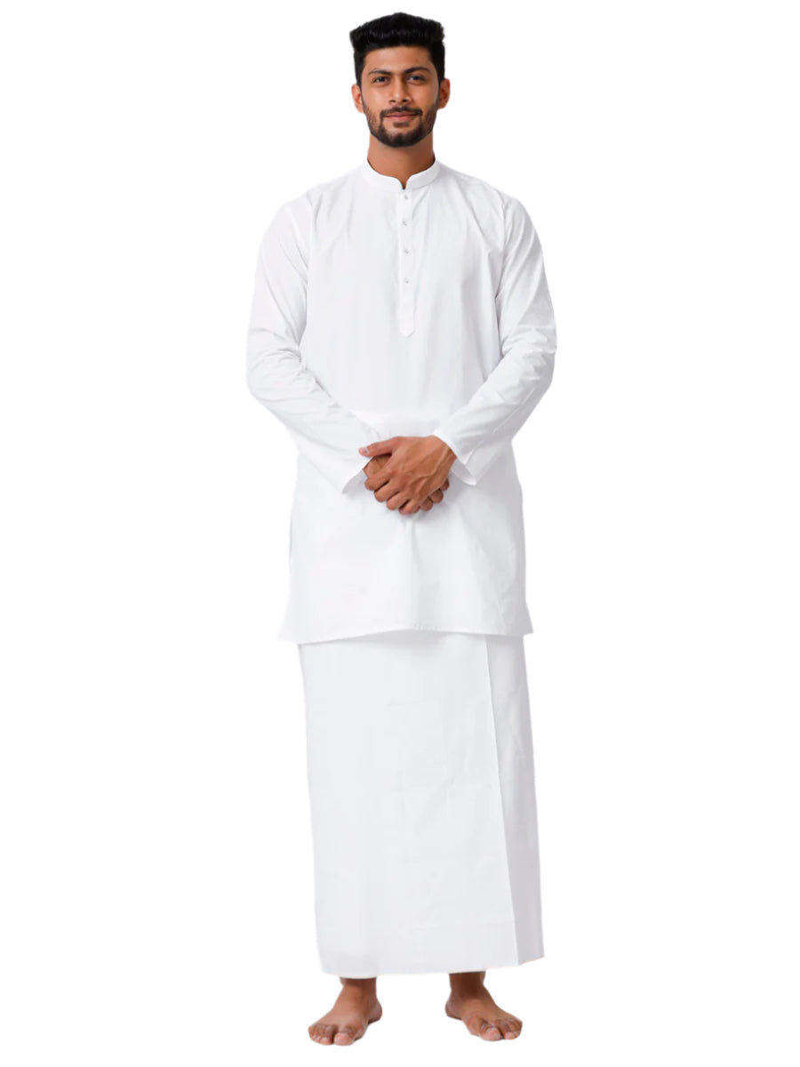 Mens Cotton Full Sleeve White Medium Kurta with Stitched Prayer Dhoti Combo