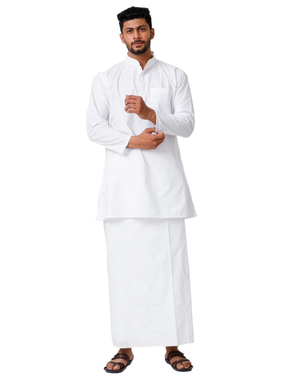 Mens Cotton Full Sleeve White Medium Kurta Top with Stitched Prayer Dhoti Combo Samraj-Front view