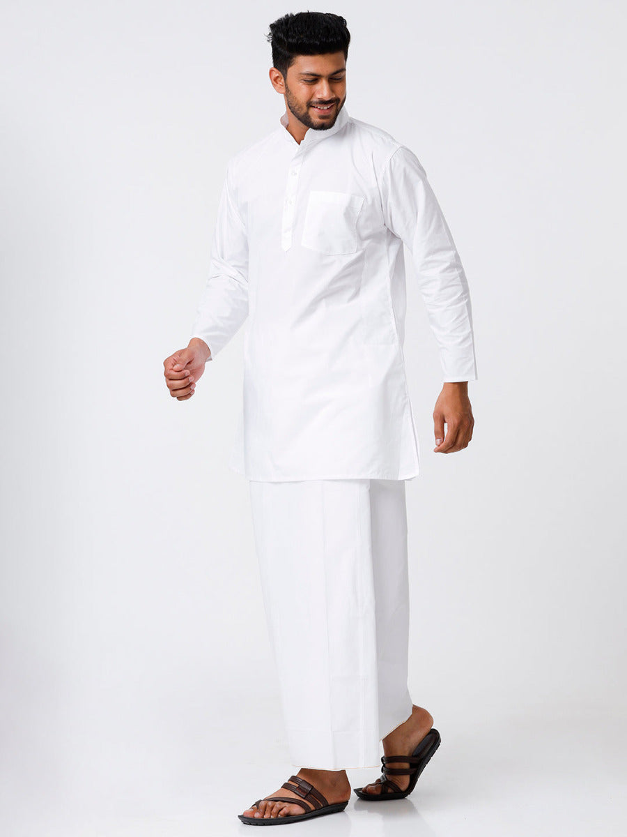 Mens Cotton Full Sleeve White Medium Kurta Top with Stitched Prayer Dhoti Combo Samraj-Side view