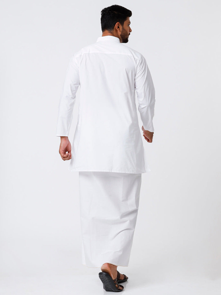 Mens Cotton Full Sleeve White Medium Kurta Top with Stitched Prayer Dhoti Combo Samraj-Back view