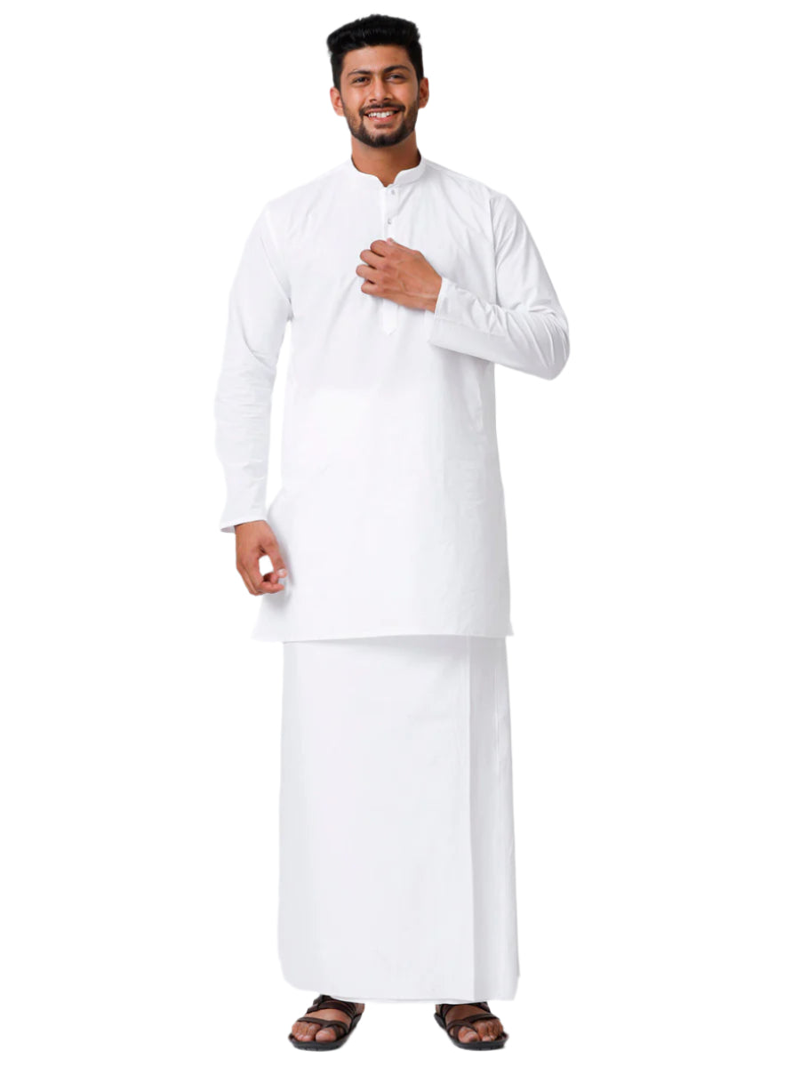 Mens Cotton Full Sleeve White Medium Kurta with Stitched Prayer Dhoti Combo Al Mashoor