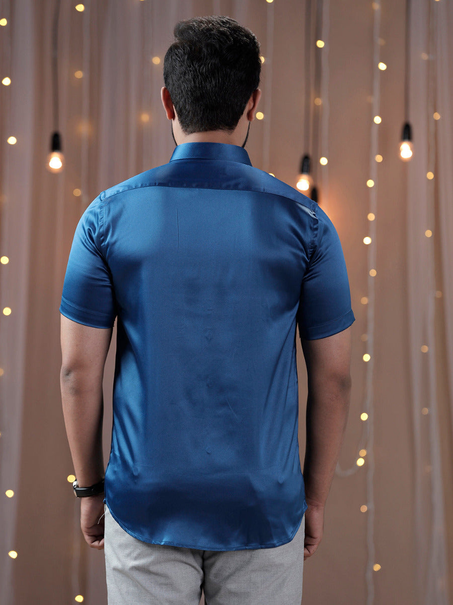 Mens Party Wear Dark Blue Half Sleeves Colour Shirt PS4-Back view