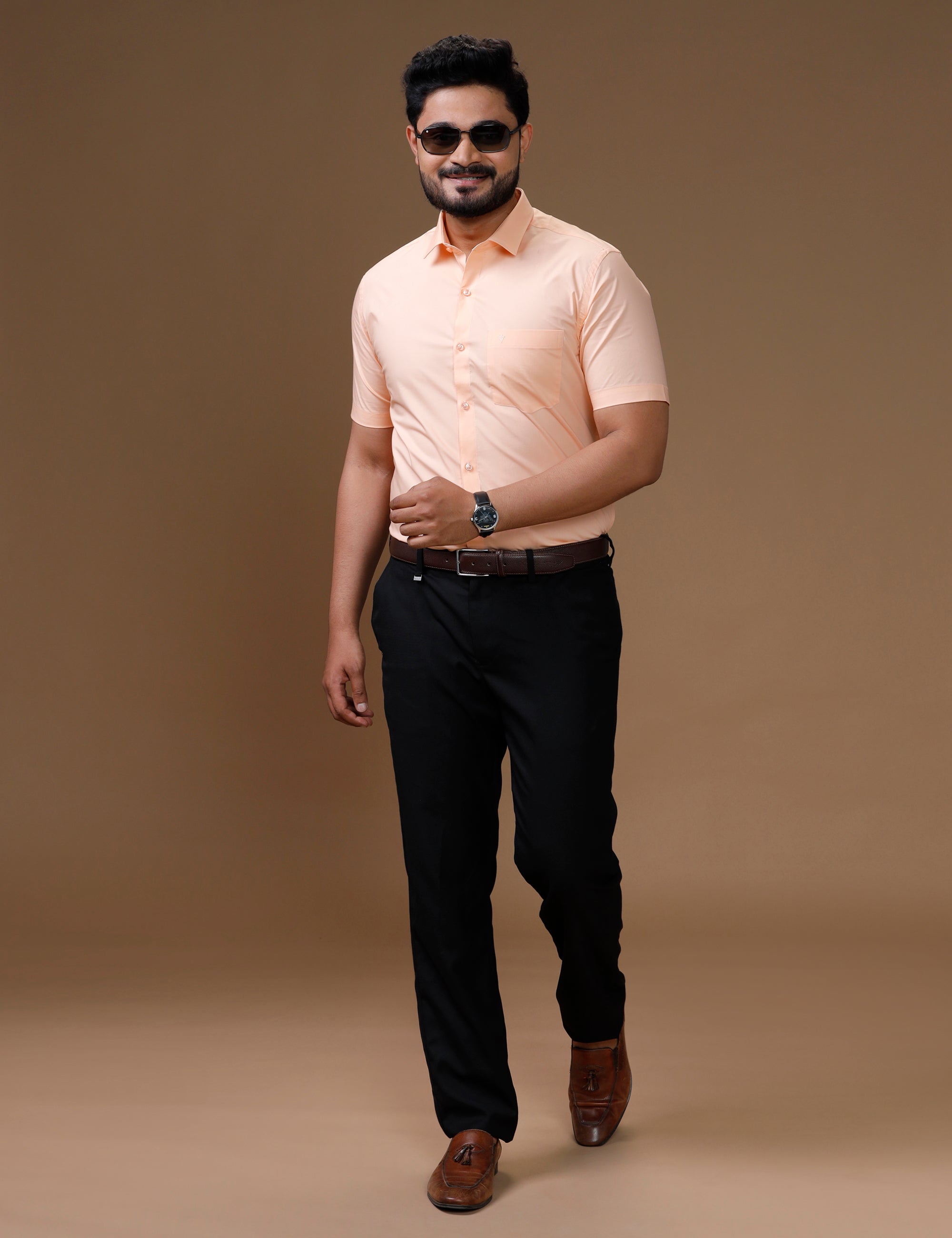 Mens Formal Cotton Spandex 2 Way Stretch Half Sleeves Saffron Shirt LY7-Full view