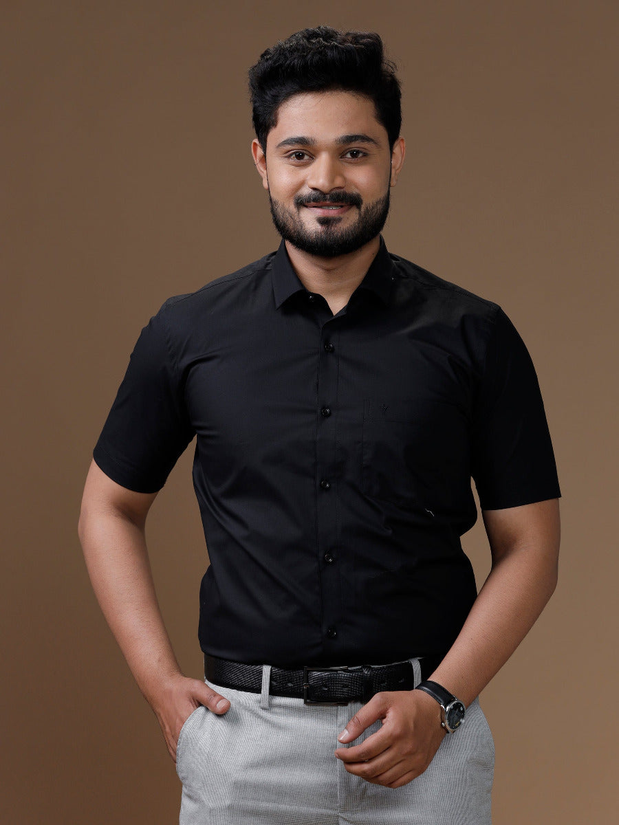 Mens Formal Cotton Spandex 2 Way Stretch Half Sleeves Black Shirt