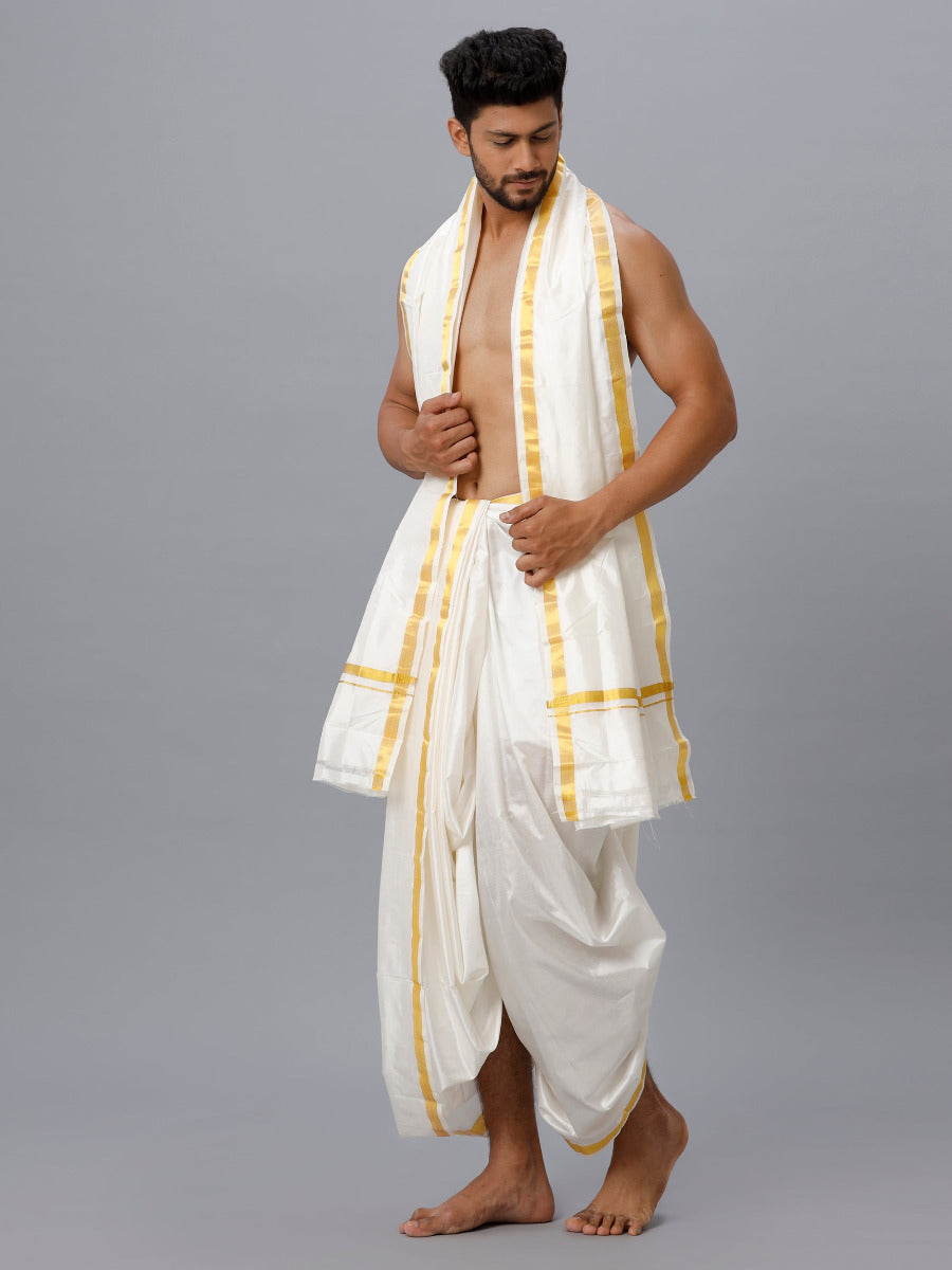 Mens Pure Silk Cream Panchakacham & Towel (9+5) Thirukalyan 1"-Side view